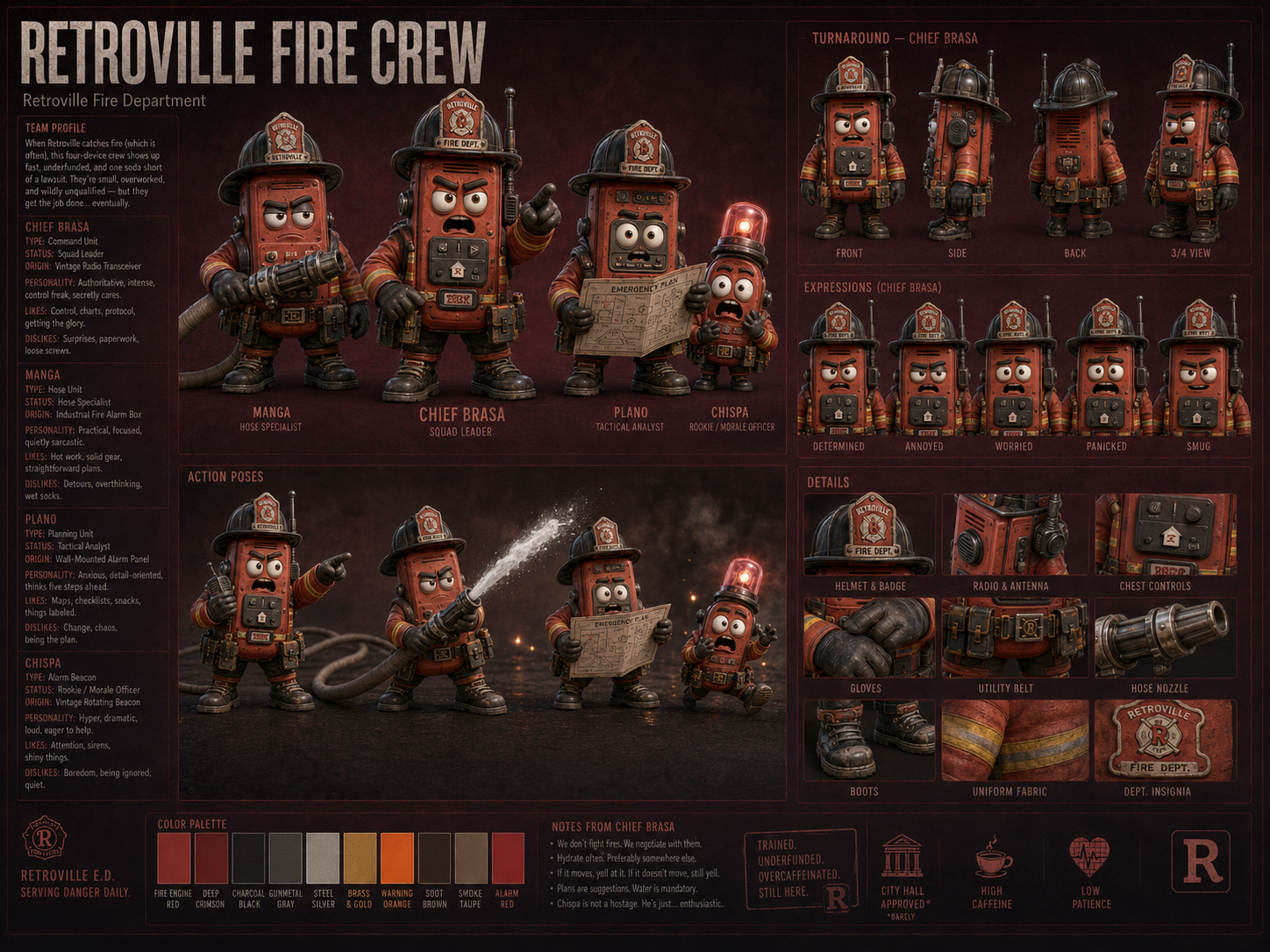 Guía visual del Fire Crew de Retroville con turnaround, expresiones, props y jerarquía del equipo