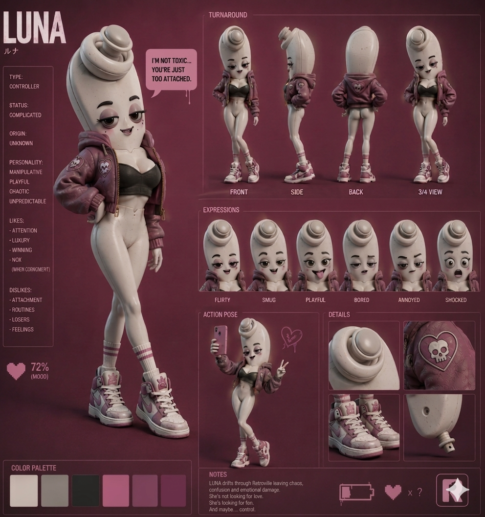 Guía visual de Luna con pose, acabado y presencia del personaje