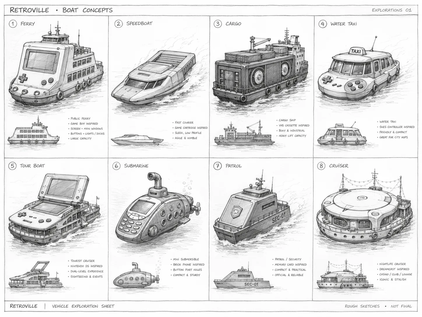 Sketch del proceso de diseño de Retroville Fleet en Retroville