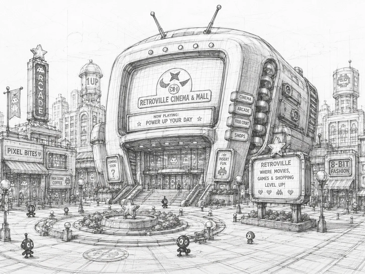Sketch del proceso de diseño de Cinema & Mall District en Retroville