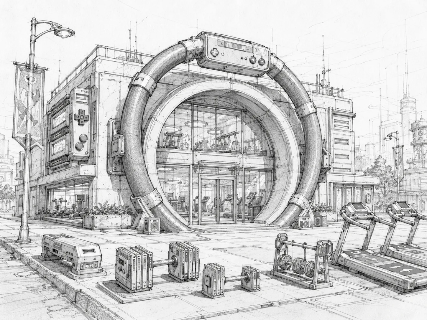 Sketch del proceso de diseño de Gym Gate en Retroville