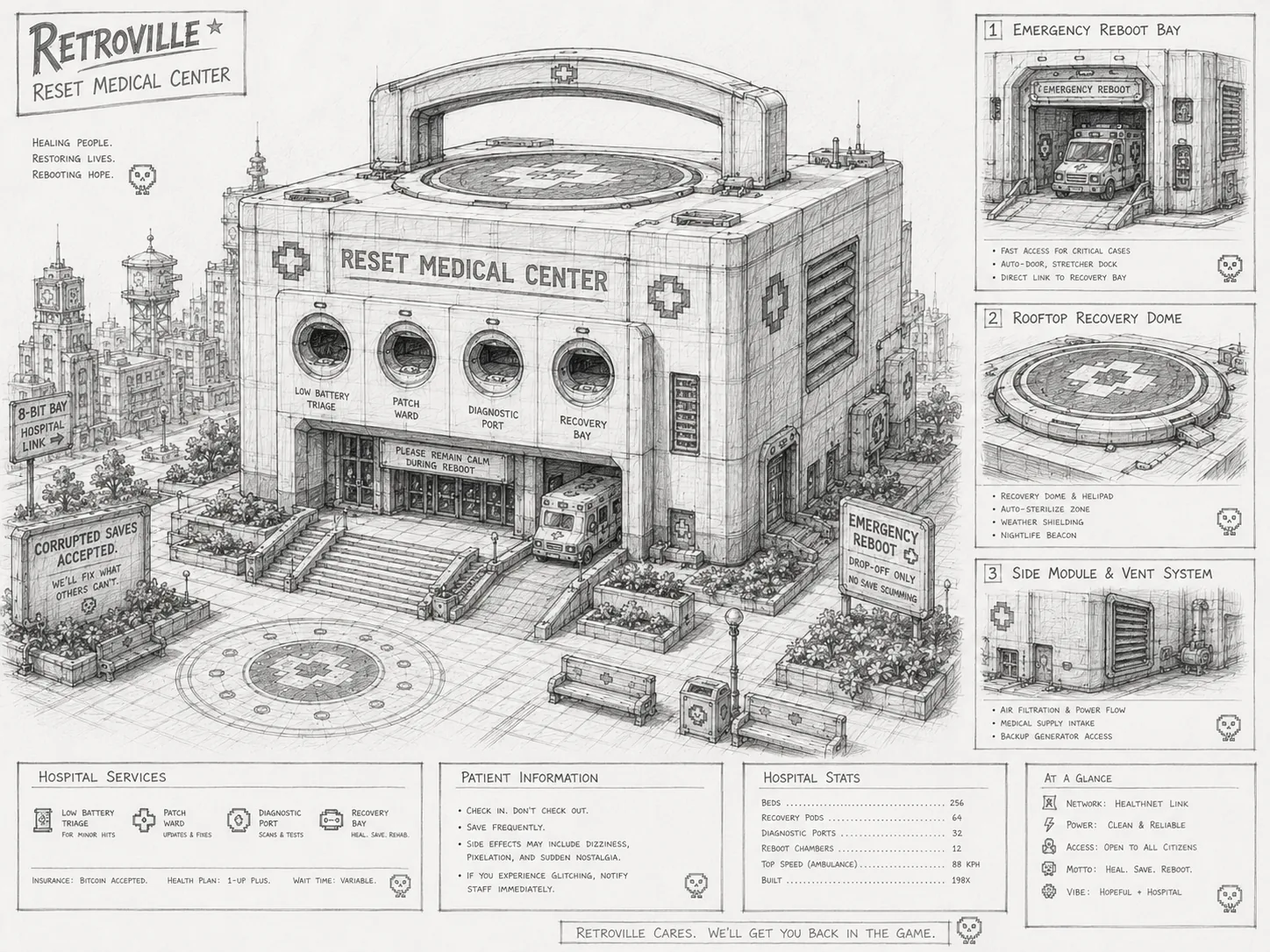Sketch del proceso de diseño de Reset Medical Center en Retroville