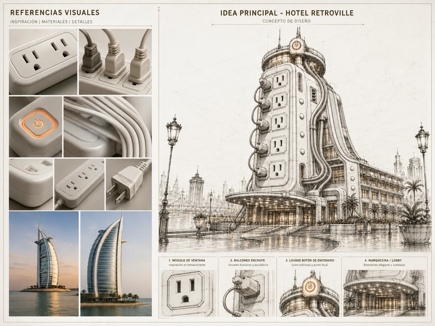Sketch del proceso de diseño de Hotel Retroville en Retroville