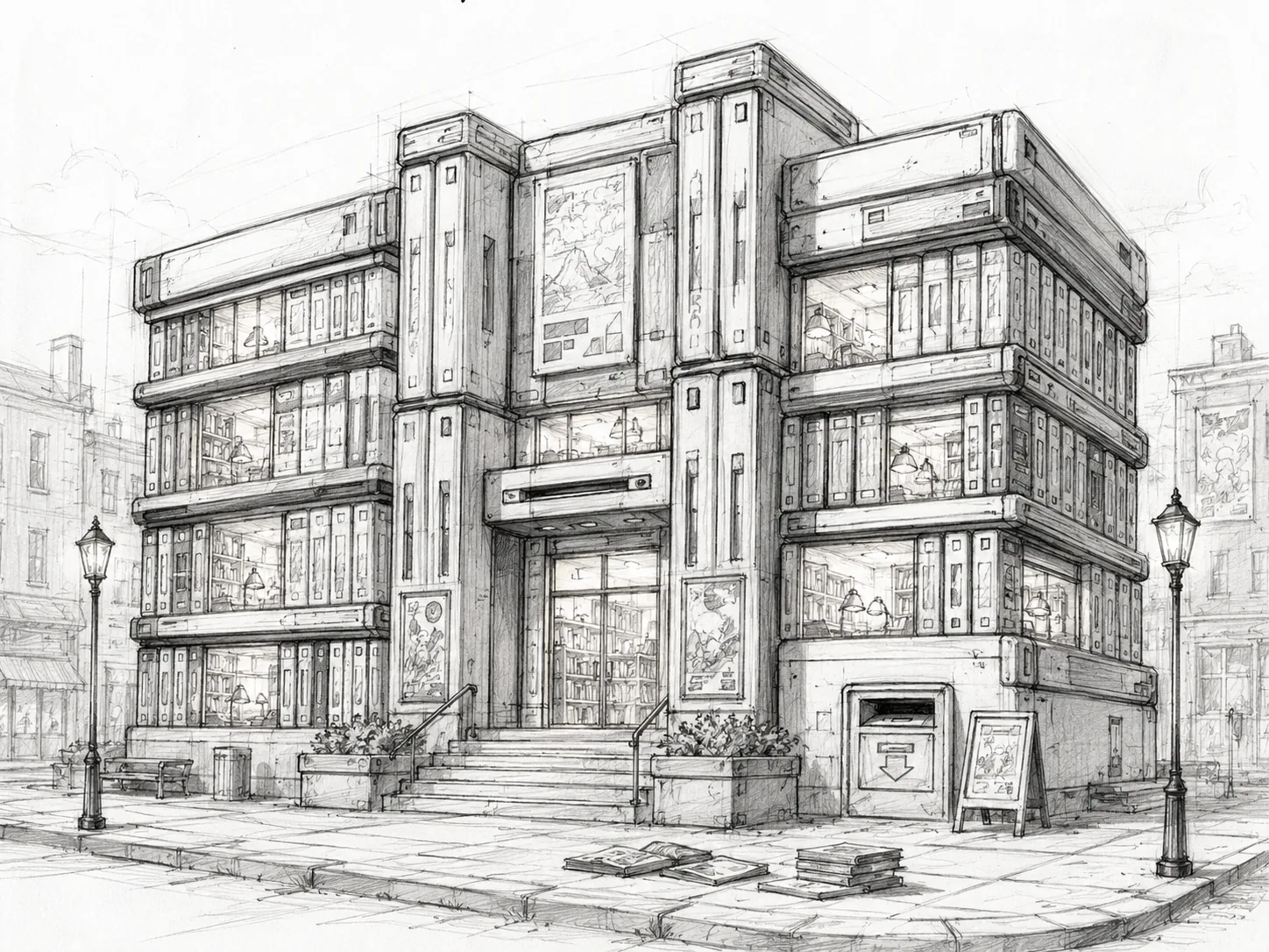 Sketch del proceso de diseño de Biblioteca Retroville en Retroville
