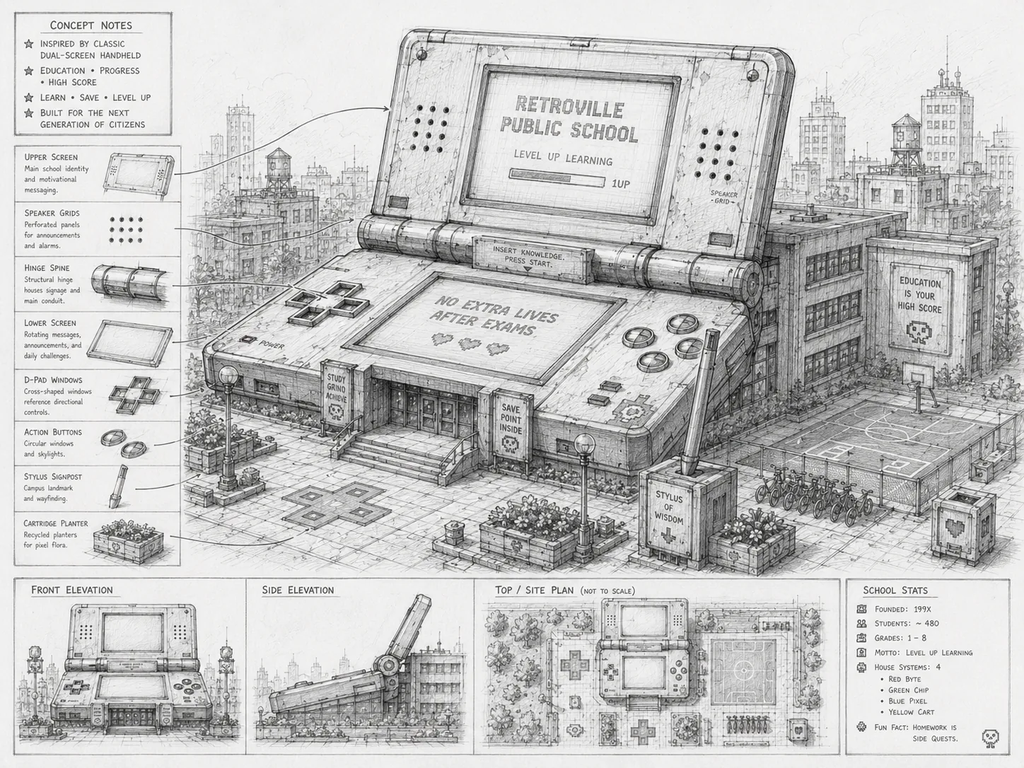 Sketch del proceso de diseño de Retroville Public School en Retroville