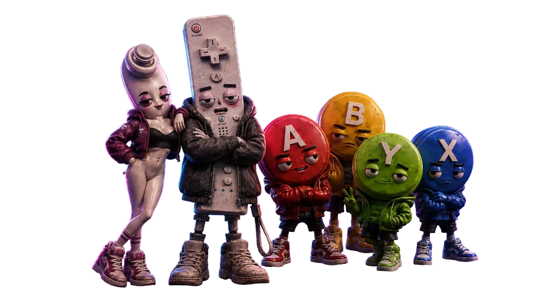 NOX, Luna y Button Crew presentando el reparto principal de Retroville