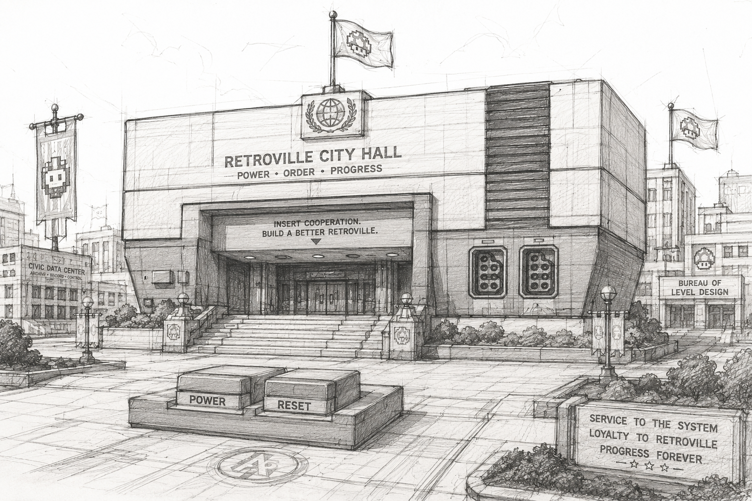 Sketch del proceso de diseño de Civic Hall en Retroville