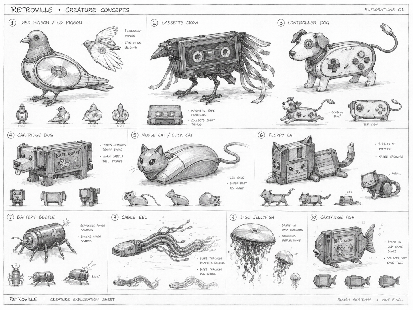 Sketch del proceso de diseño de Retro Creatures en Retroville