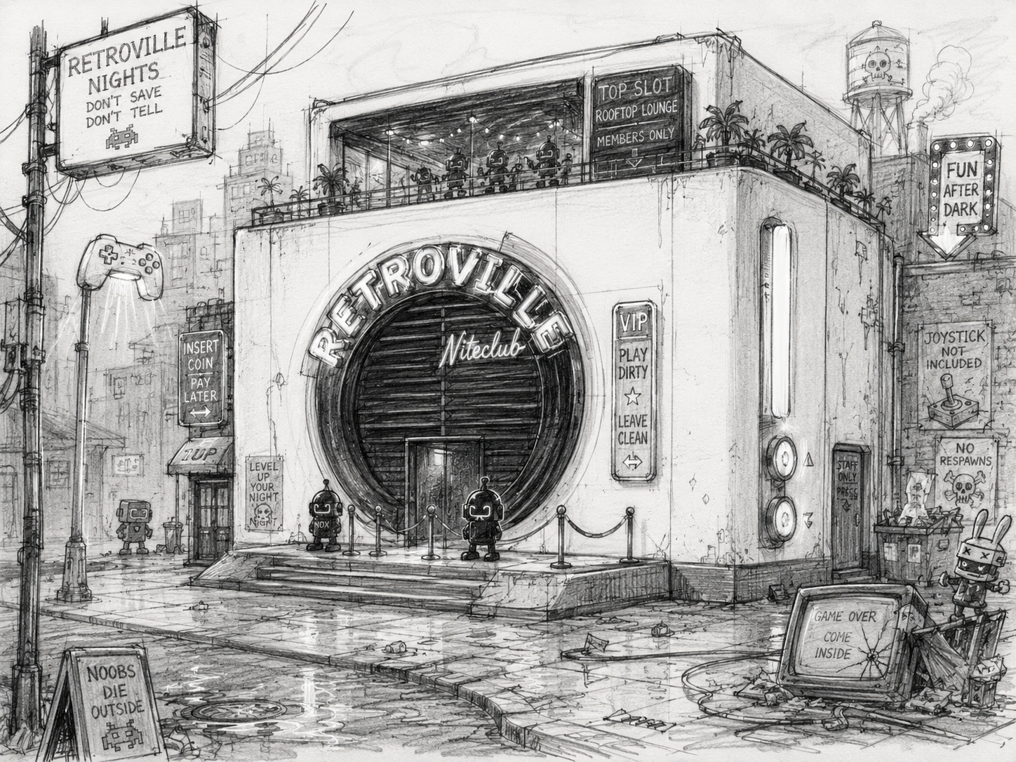 Sketch del proceso de diseño de Nightclub District en Retroville