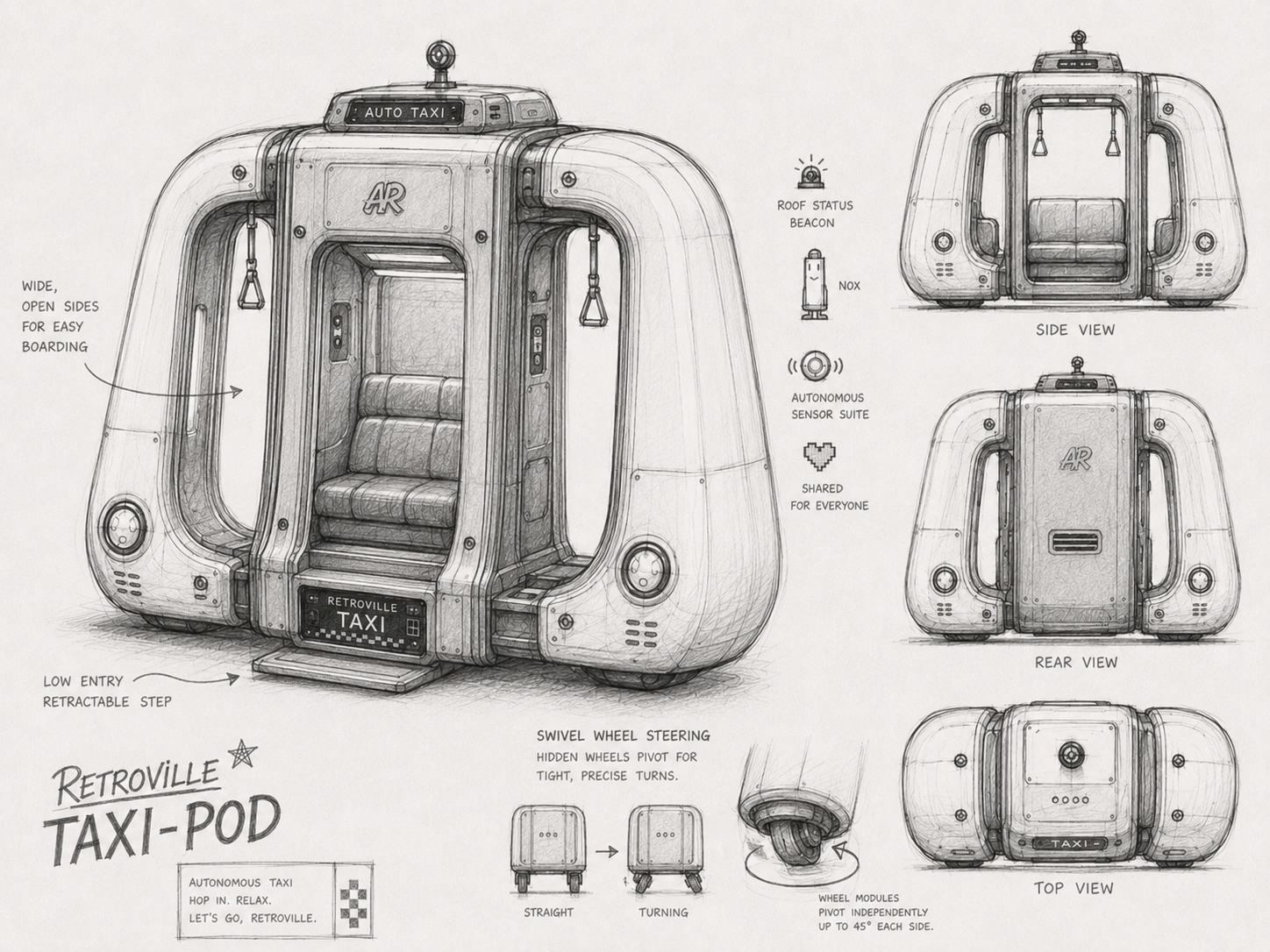 Sketch del proceso de diseño de Taxi Pod en Retroville