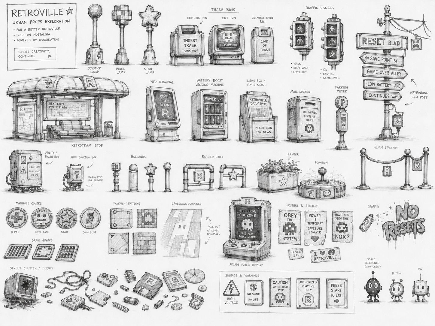Sketch del proceso de diseño de Urban Props en Retroville
