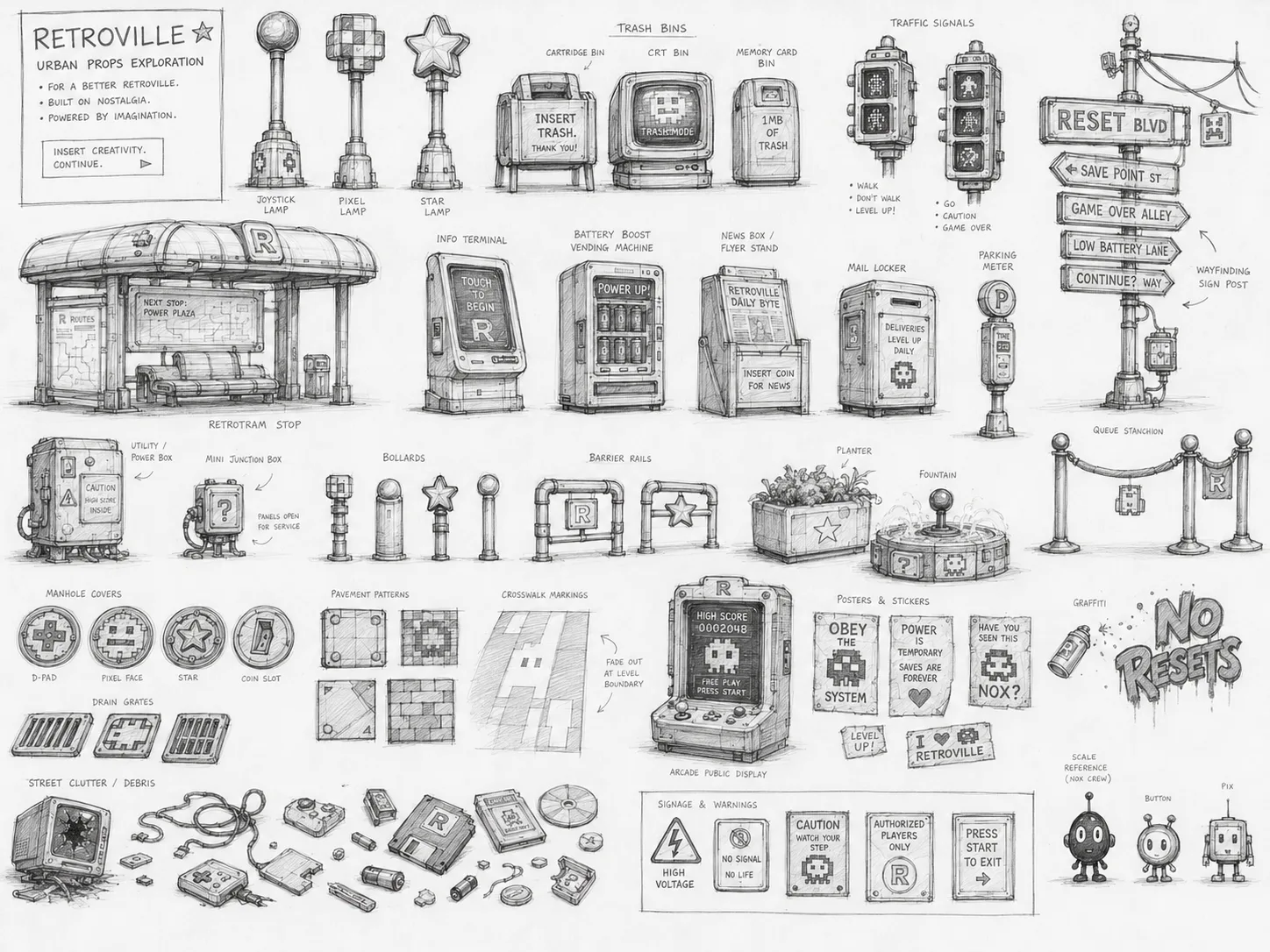 Concept art de props urbanos y señalética de calle en Retroville
