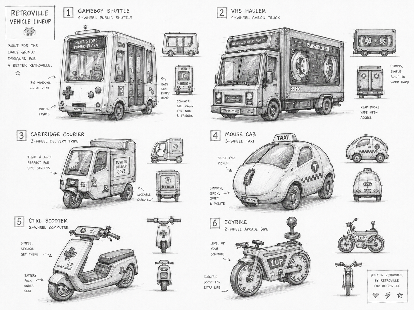 Sketch del proceso de diseño de Vehicle Lineup en Retroville